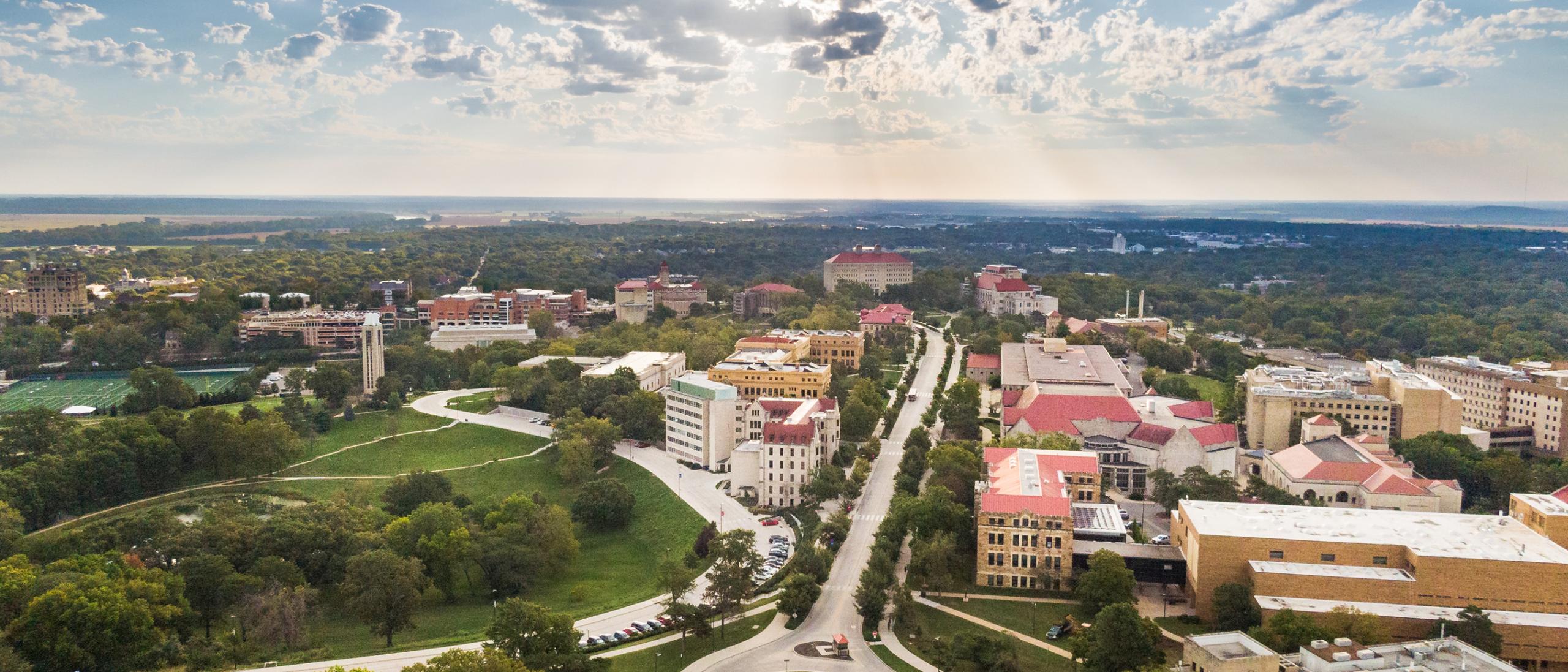 An aerial view of the University of Kansas Lawrence Campus on a sunny day